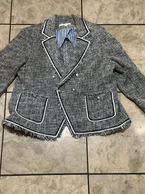 Veronica Beard Blue and White Tweed Double-Breasted Blazer with White Trim